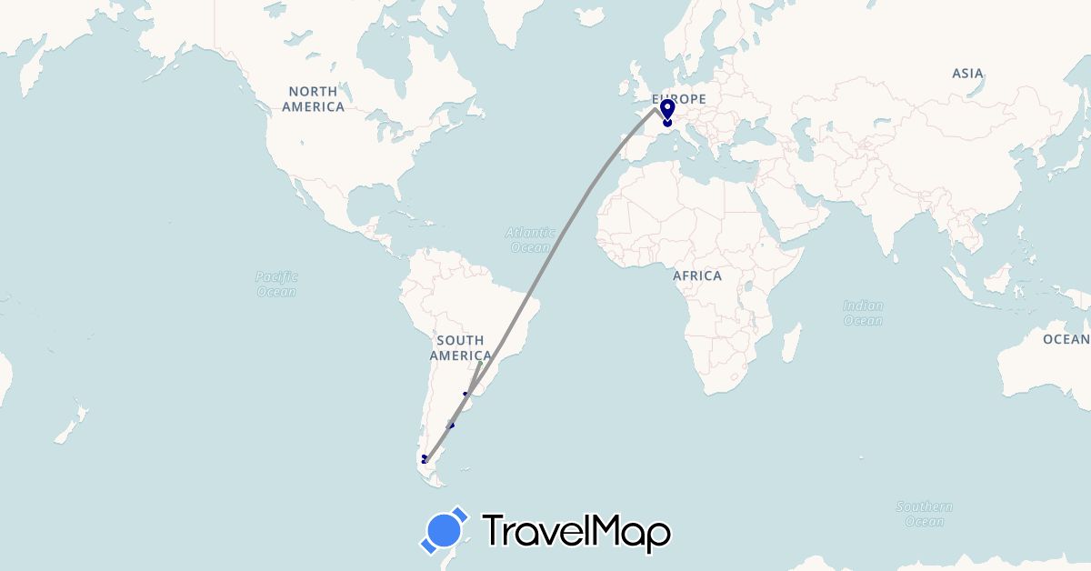 TravelMap itinerary: driving, bus, plane, hiking, boat in Argentina, Brazil, Switzerland, France (Europe, South America)